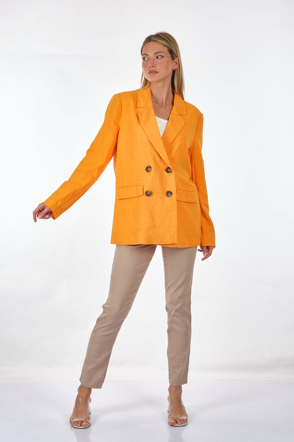 Only Oversize Minimalist Keten Kadın Ceket - Uzun Kol - Çift Düğme