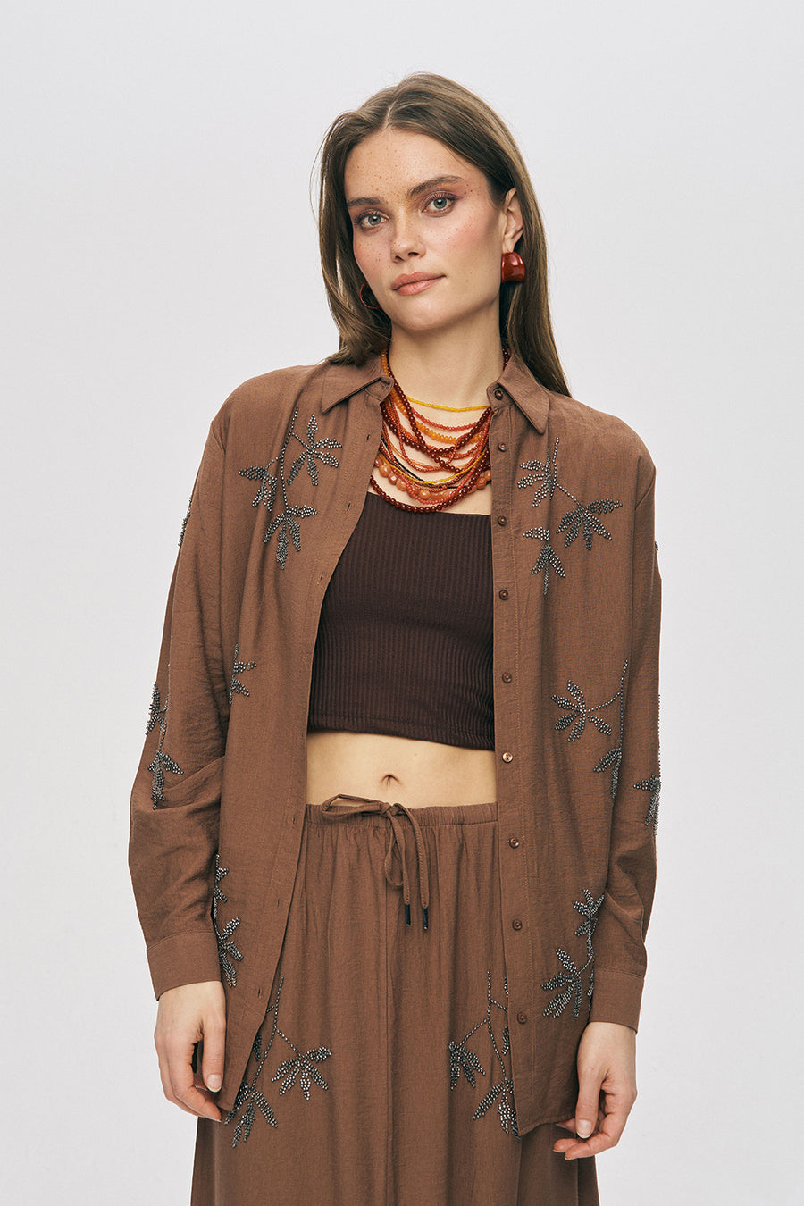Orfeo Negro Kadın Yaprak İşlemeli Oversize Kesim Gömlek 34767