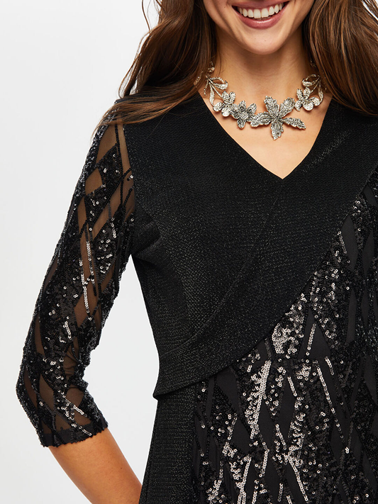 Knitted Fabric Trimmed 3/4 Sleeve V-Neck Sequined Long Evening Dress by Faik Sönmez