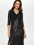 Knitted Fabric Trimmed 3/4 Sleeve V-Neck Sequined Long Evening Dress by Faik Sönmez