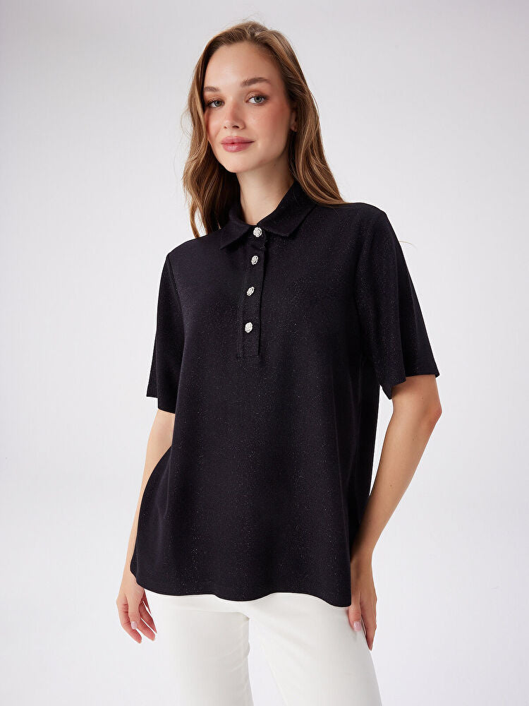 Özel Düğmeli Kendinden Simli Polo Yaka T-Shirt Tişört FAİK SÖNMEZ