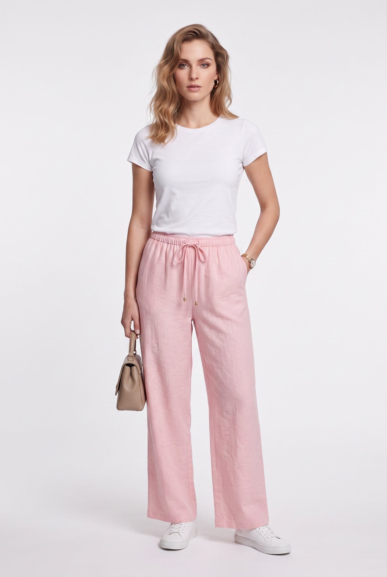 Ayhan Kadın Keten Karışımlı Geniş Paça Beli Bağcıklı Crop Pantolon 26YKRB71537 Secondary image