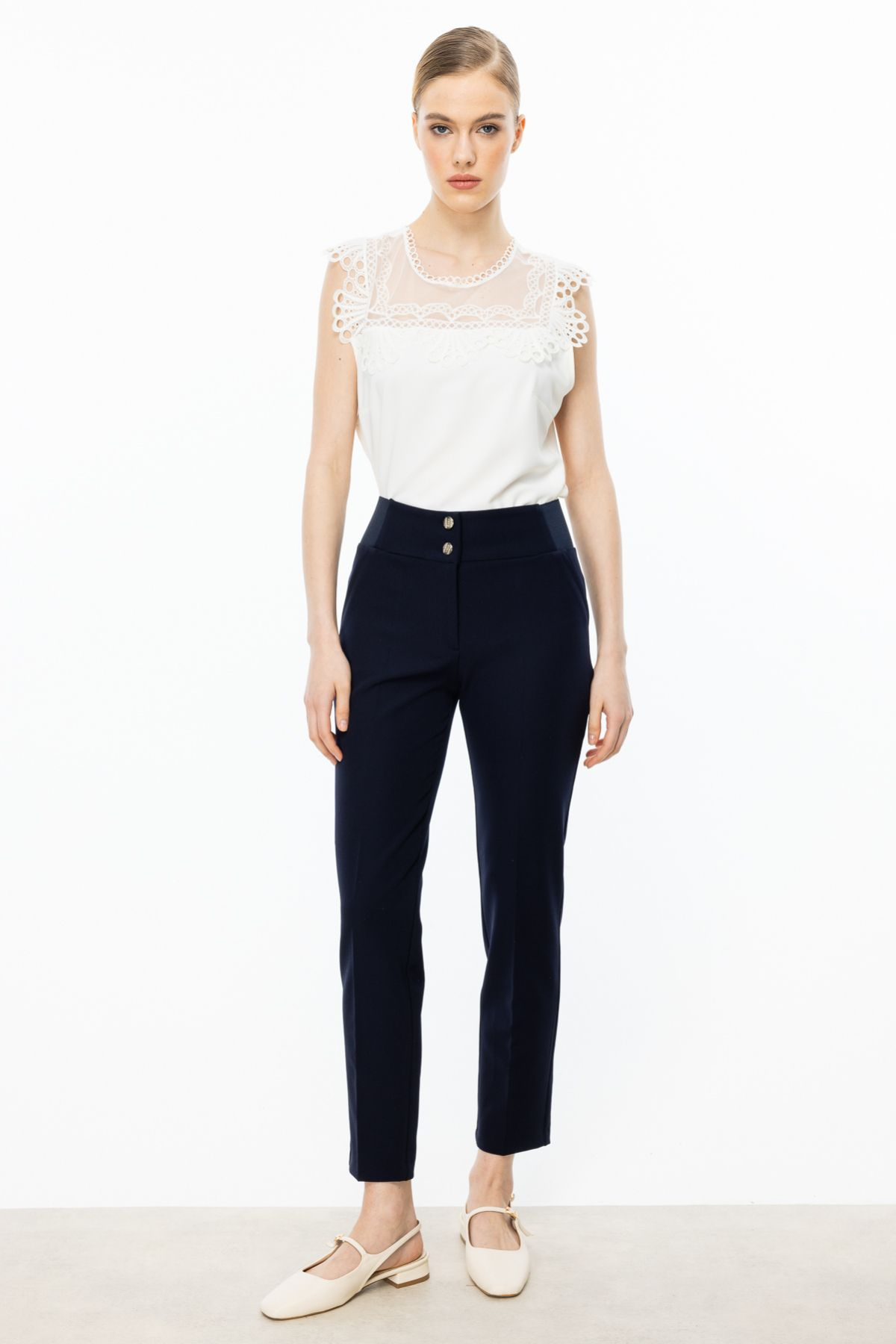 Ekol Minimalist Yüksek Bel Düğmeli Kadın Pantolon - 7/8 Boy