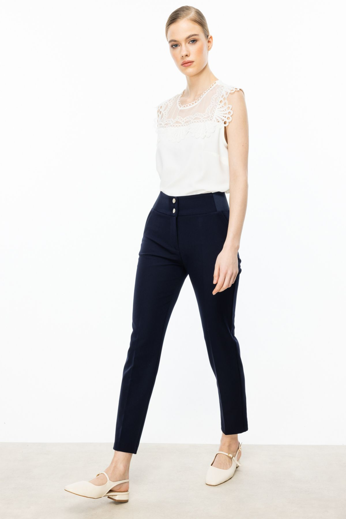 Ekol Minimalist Yüksek Bel Düğmeli Kadın Pantolon - 7/8 Boy Secondary image