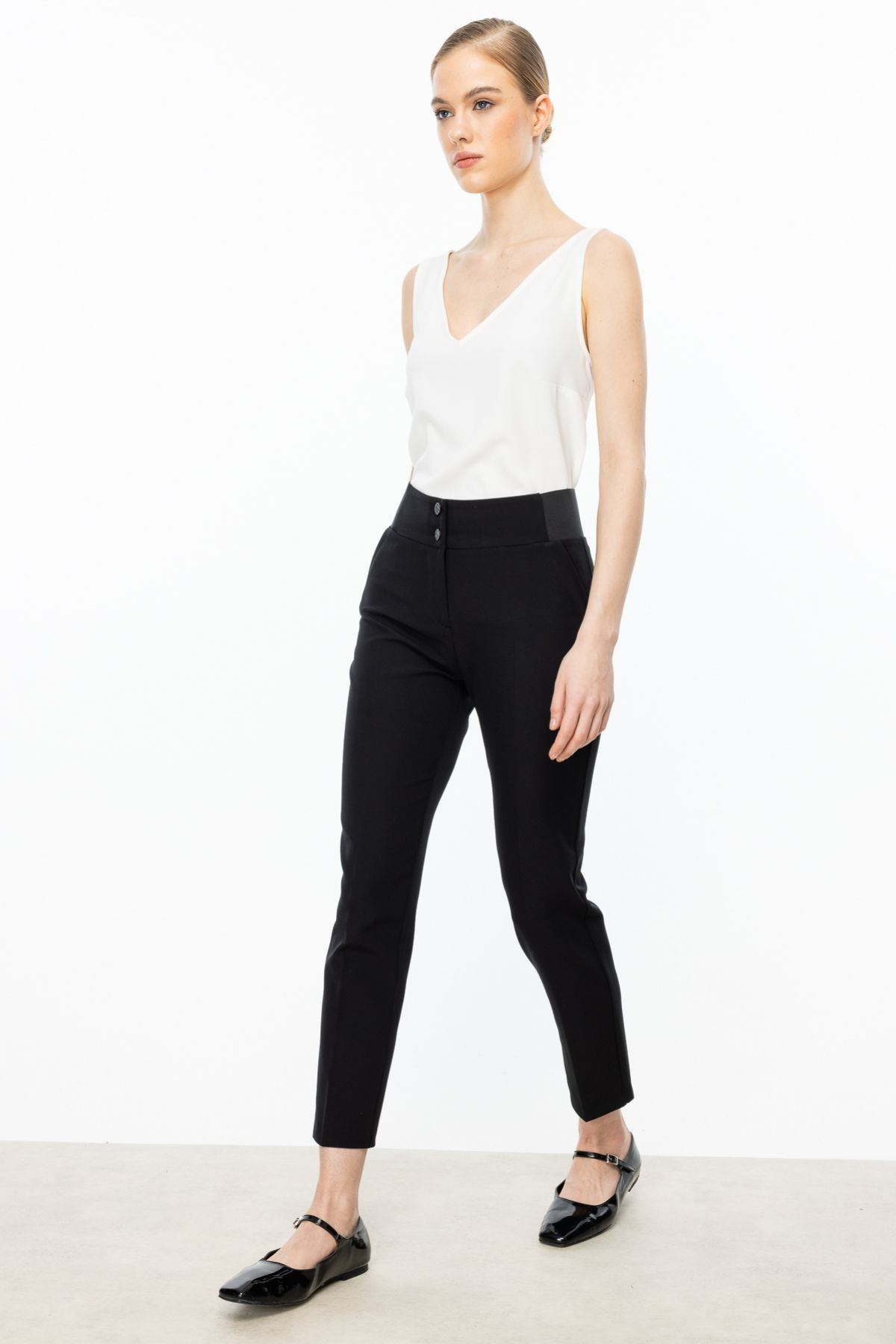 Ekol Minimalist Yüksek Bel Düğmeli Kadın Pantolon - 7/8 Boy