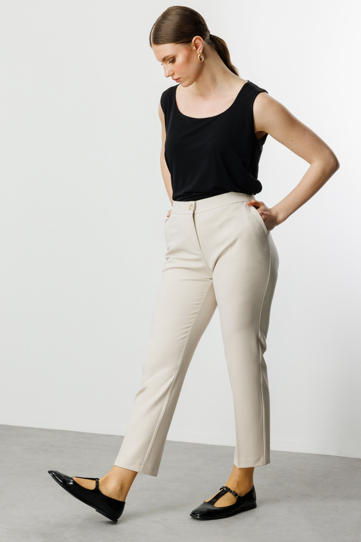 Ekol BB Minimalist Kadın Pantolon - 7/8 Boy - Yüksek Bel - Düz Kesim