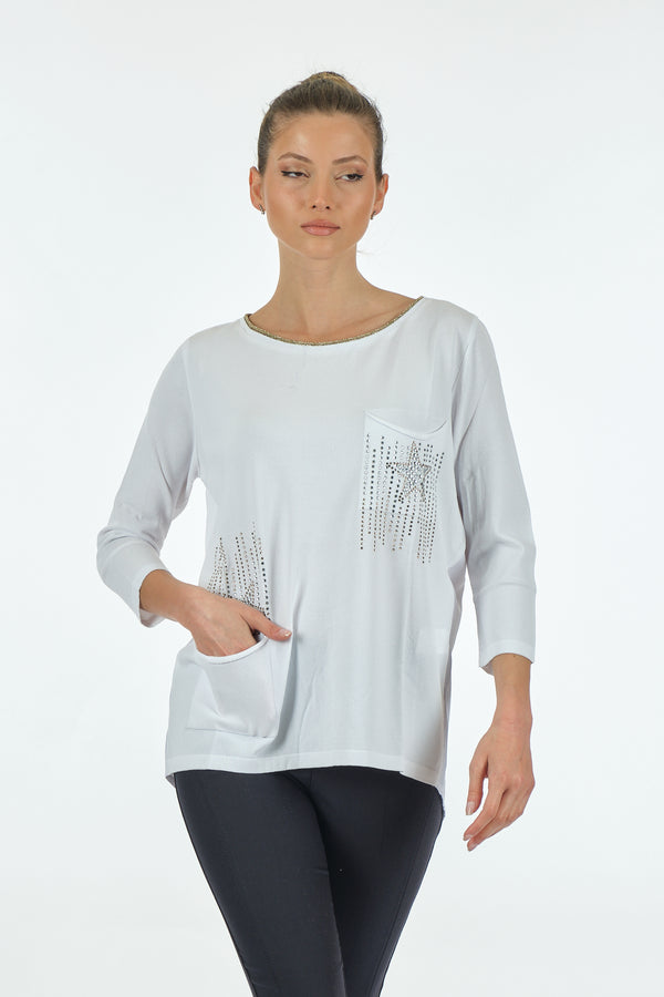 Twomail Minimalist Oversize 3/4 Kol Kadın Bluz - Cep Detaylı