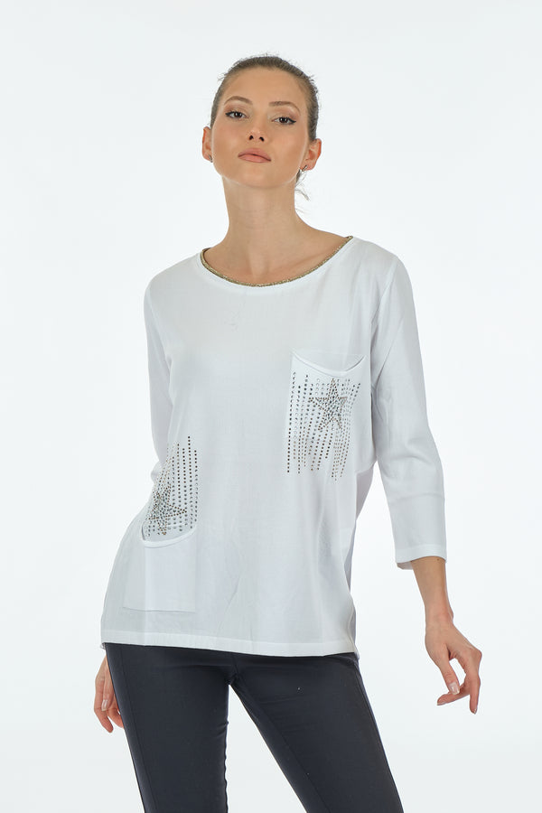 Twomail Minimalist Oversize 3/4 Kol Kadın Bluz - Cep Detaylı