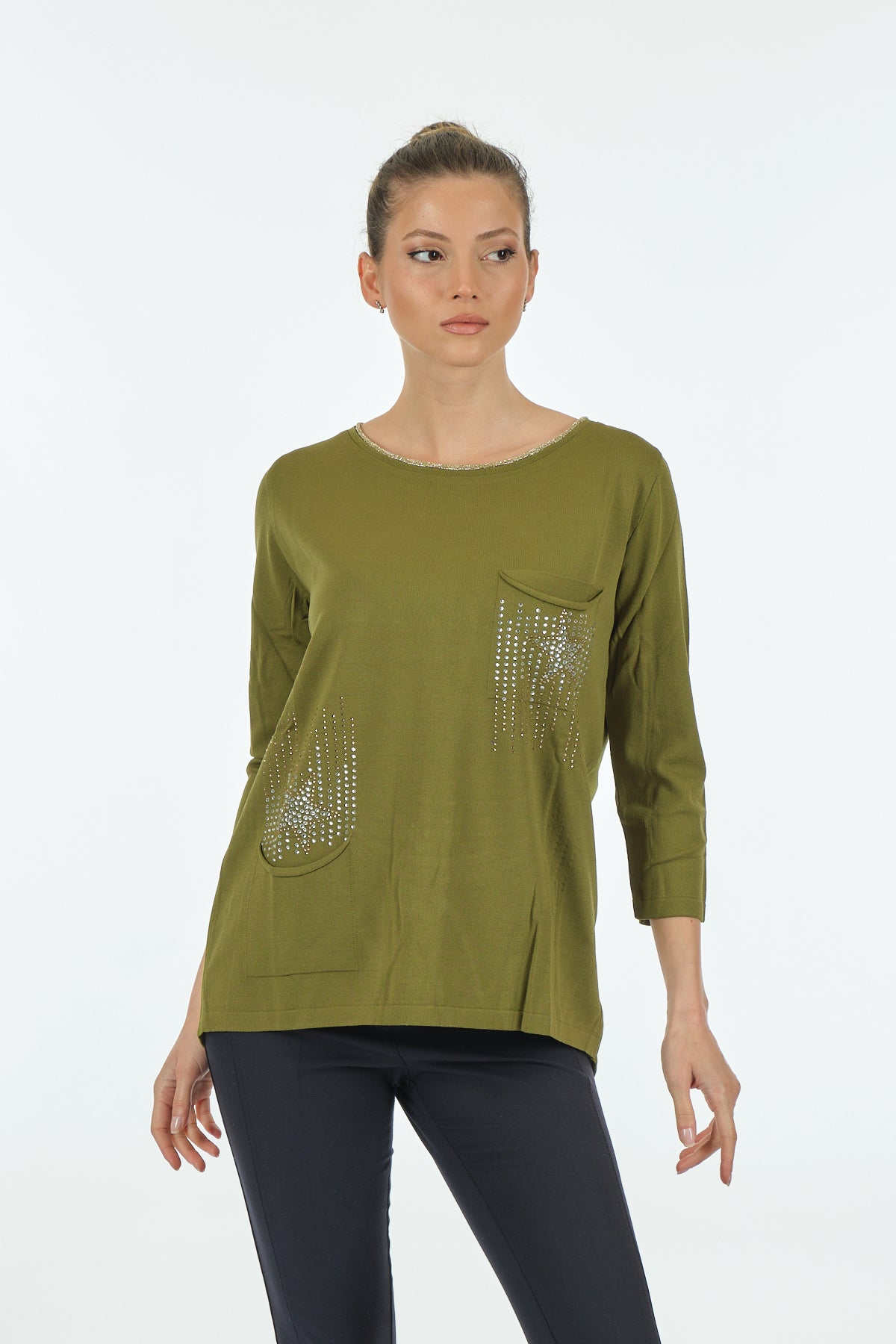 Twomail Minimalist Oversize 3/4 Kol Kadın Bluz - Cep Detaylı