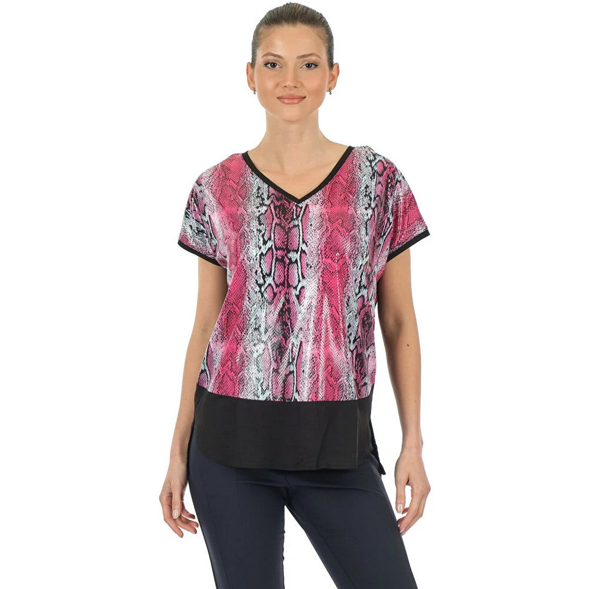 Twomail Oversize V Yaka Yılan Desenli Kadın T-Shirt - Kısa Kol Main image