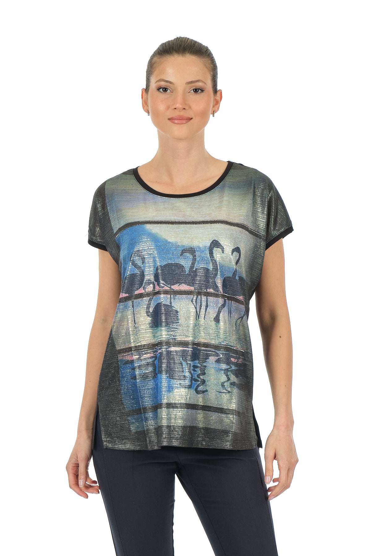 Twomail Oversize Flamingo Desenli Kadın T-Shirt - Kısa Kol Rahat Günlük Main image