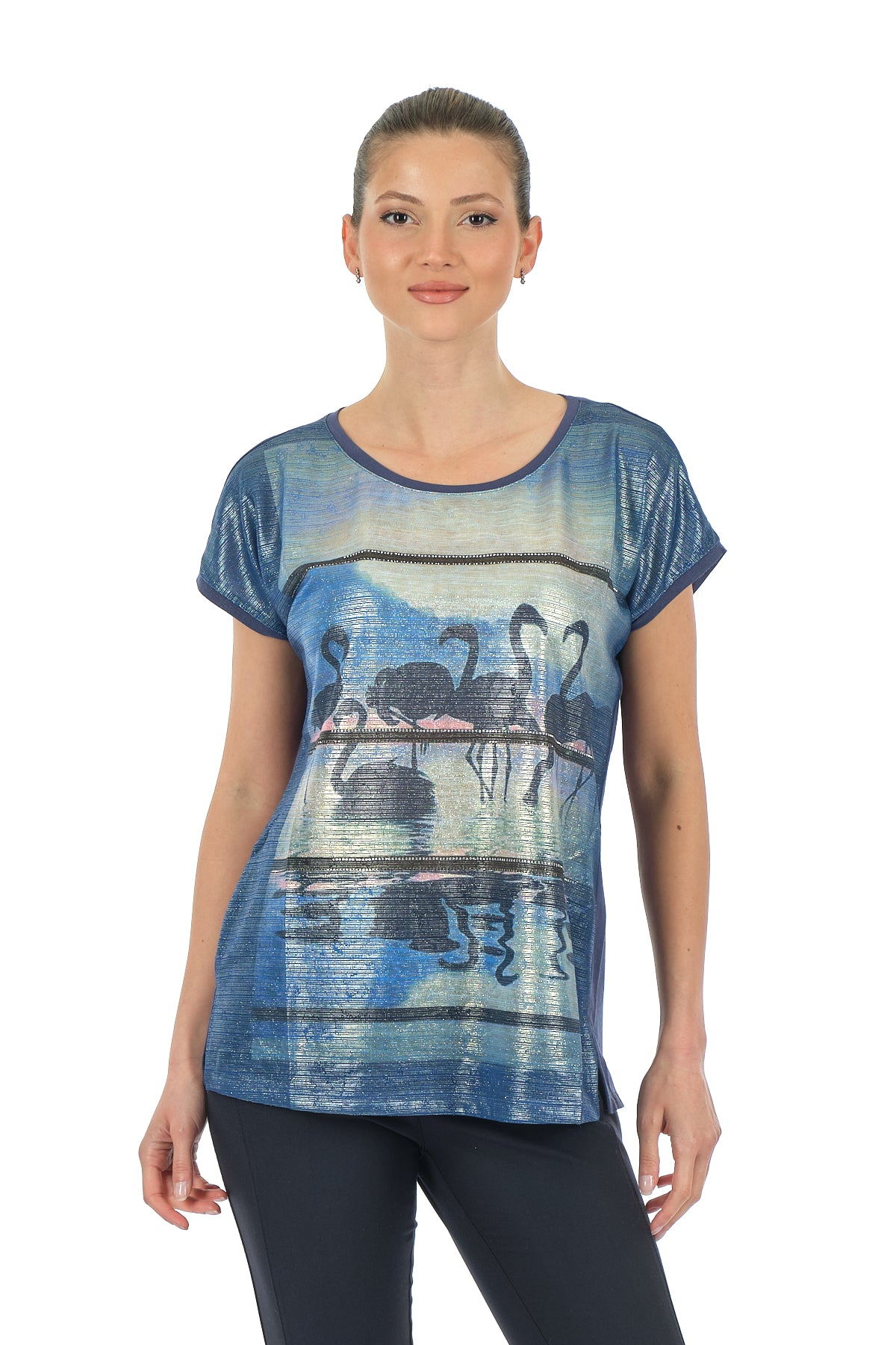 Twomail Oversize Flamingo Desenli Kadın T-Shirt - Kısa Kol Rahat Günlük Secondary image
