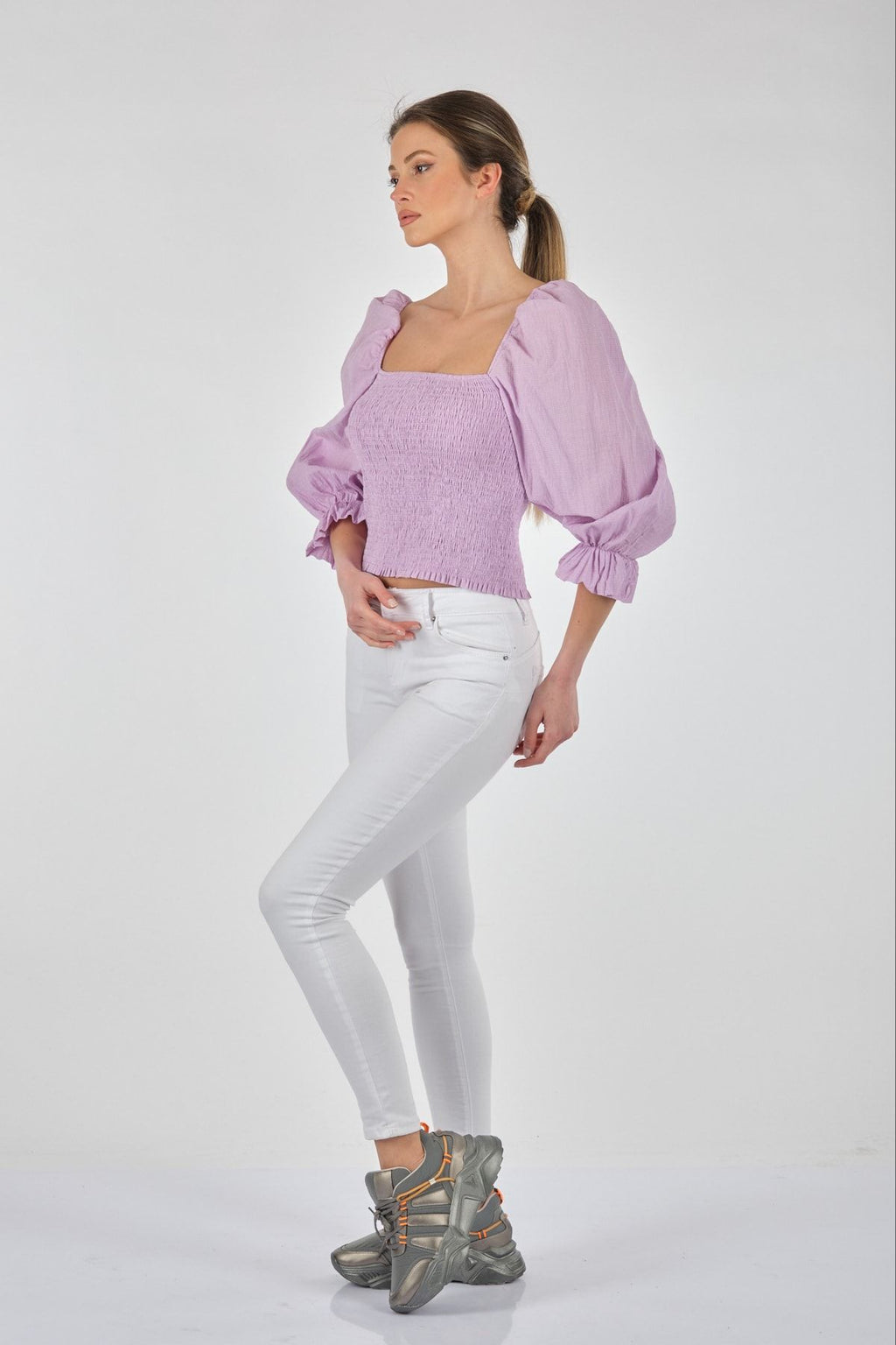 Perspective Kare Yaka Balon Kol Crop Bluz - Minimalist Stil