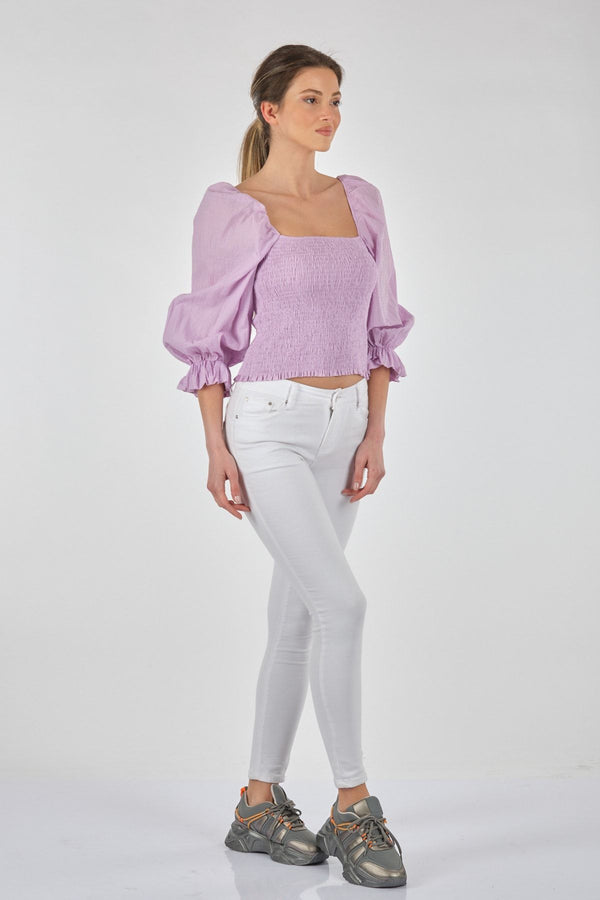 Perspective Kare Yaka Balon Kol Crop Bluz - Minimalist Stil