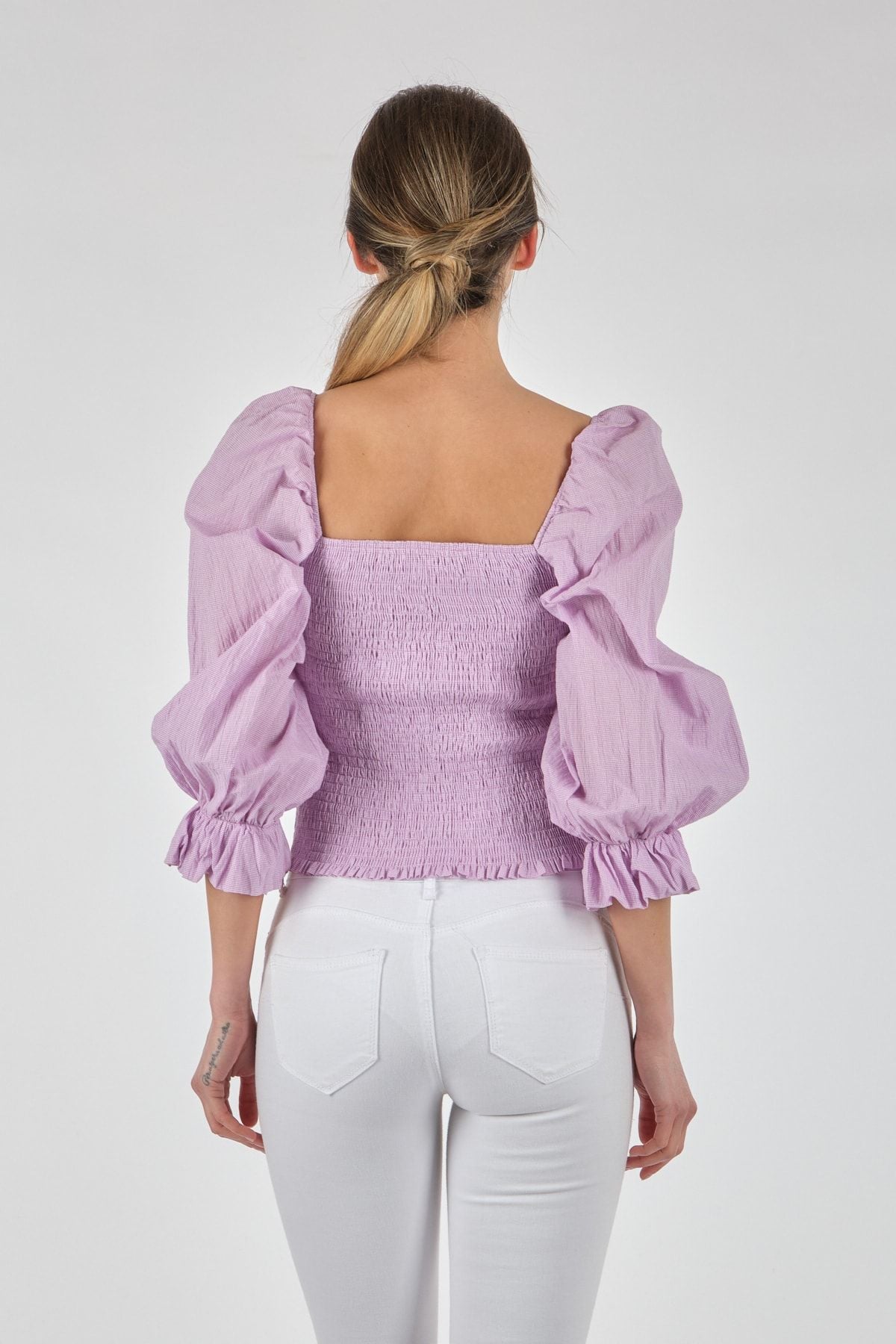 Perspective Kare Yaka Balon Kol Crop Bluz - Minimalist Stil