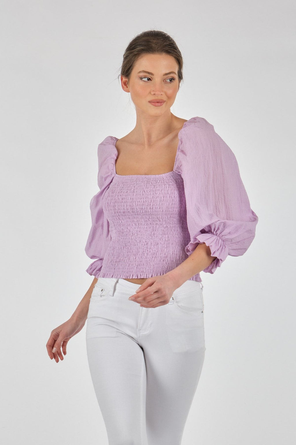 Perspective Kare Yaka Balon Kol Crop Bluz - Minimalist Stil