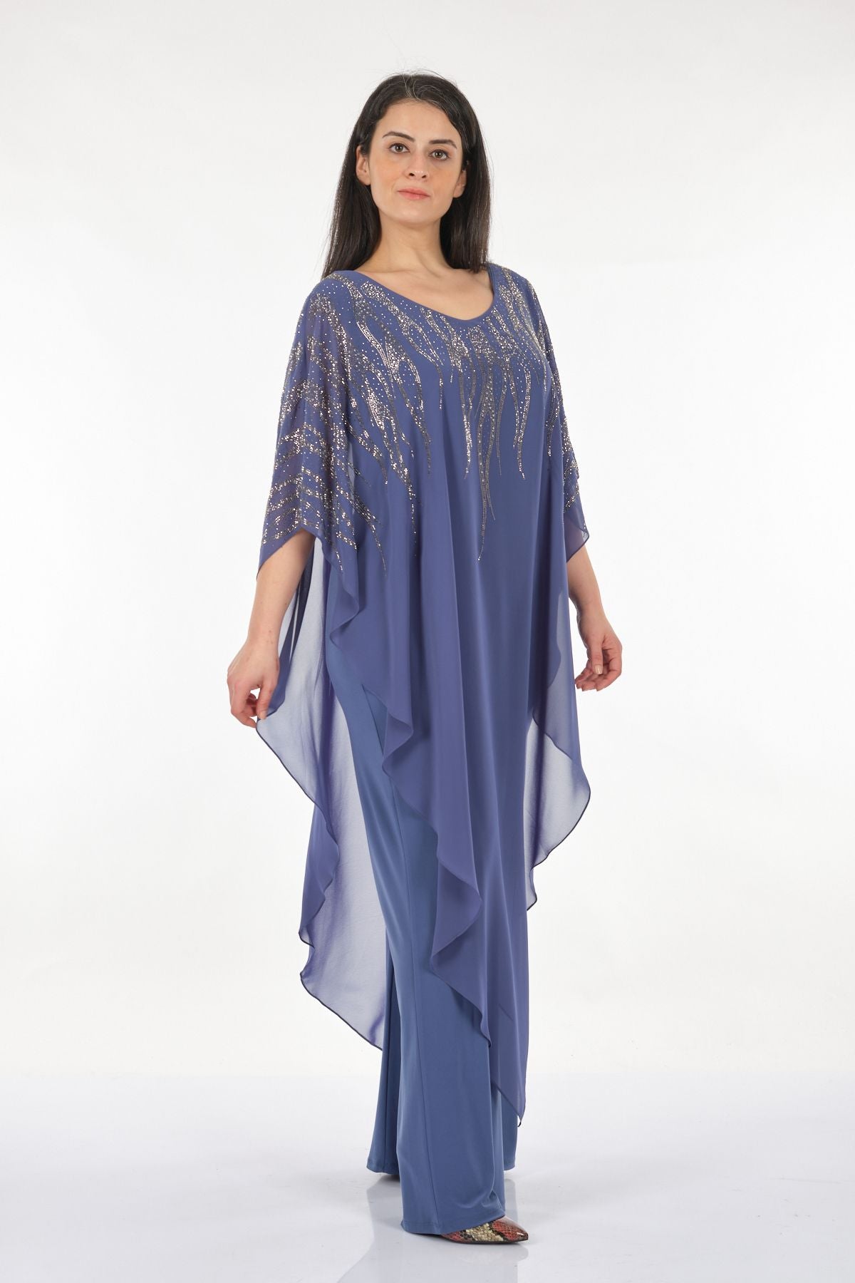 Rozeşah Asimetrik Yaka Oversize Midi Abiye Elbise - Şifon