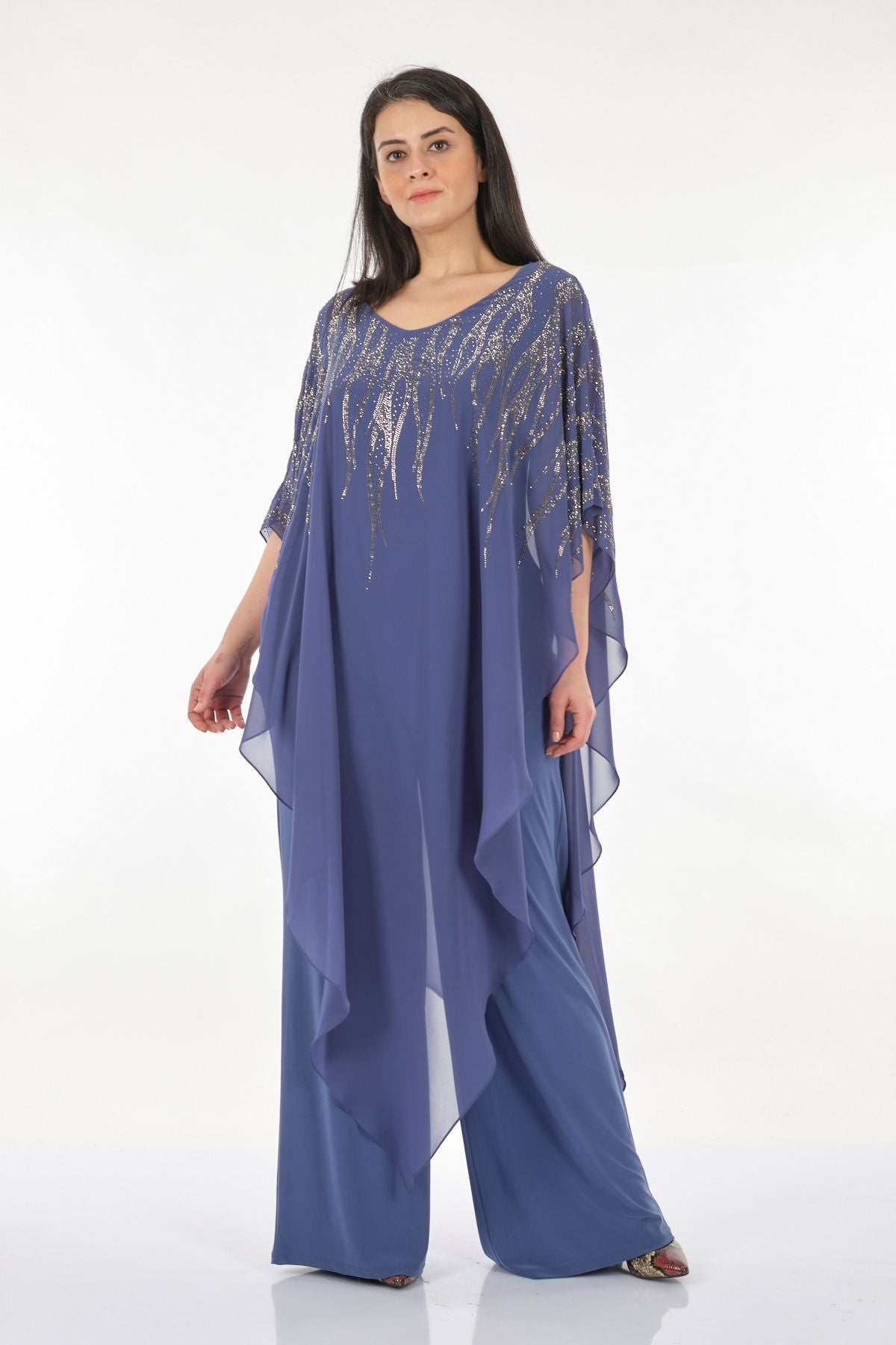 Rozeşah Asimetrik Yaka Oversize Midi Abiye Elbise - Şifon
