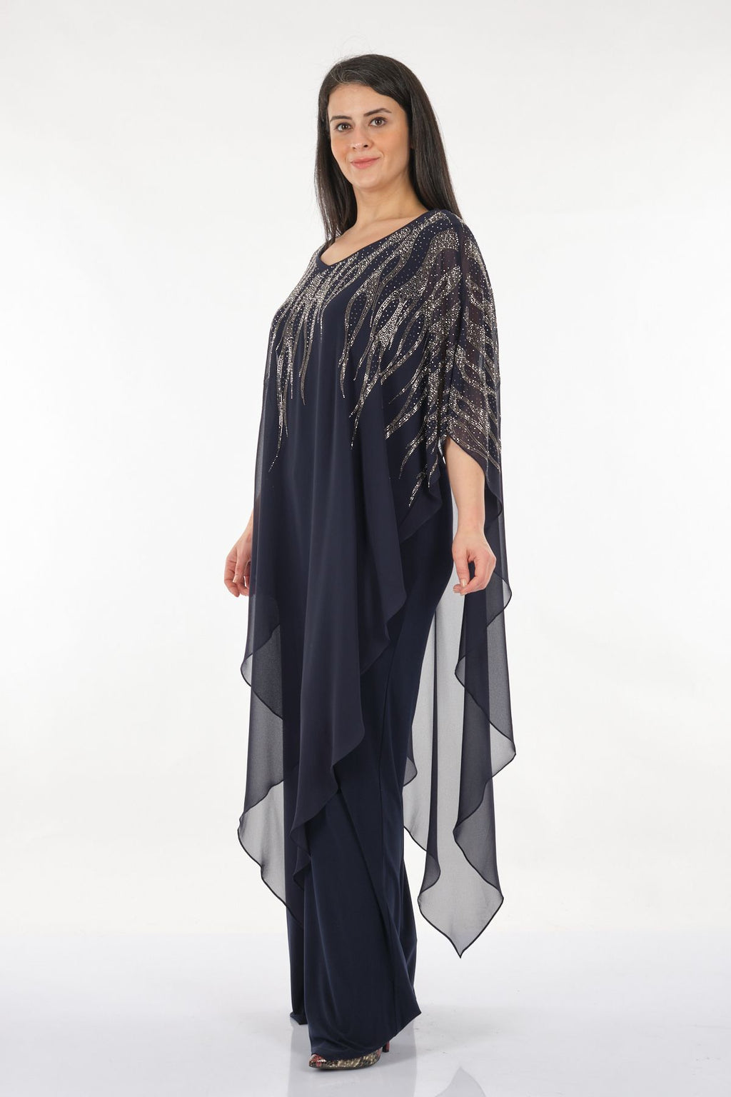 Rozeşah Asimetrik Yaka Oversize Midi Abiye Elbise - Şifon