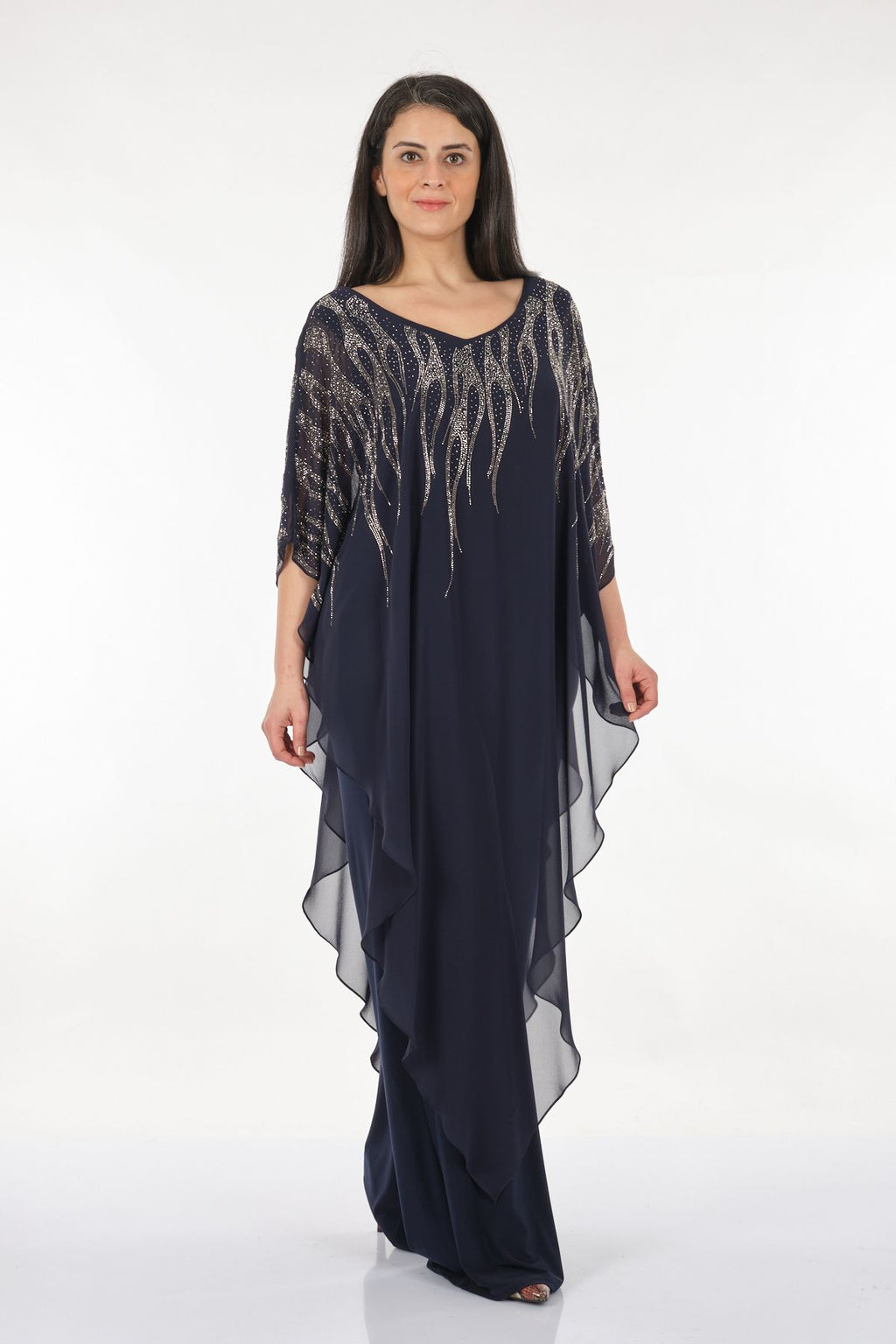 Rozeşah Asimetrik Yaka Oversize Midi Abiye Elbise - Şifon