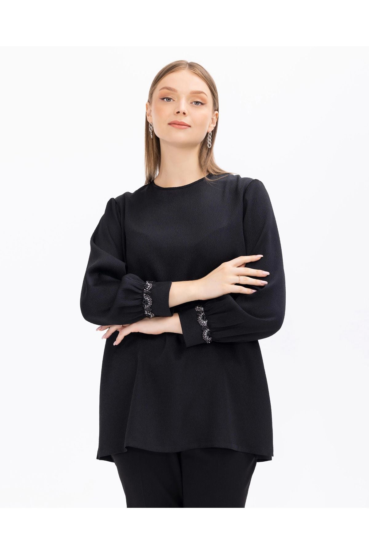 SCL Oversize Minimalist Yuvarlak Yaka Kadın Bluz - Günlük & İş Main image