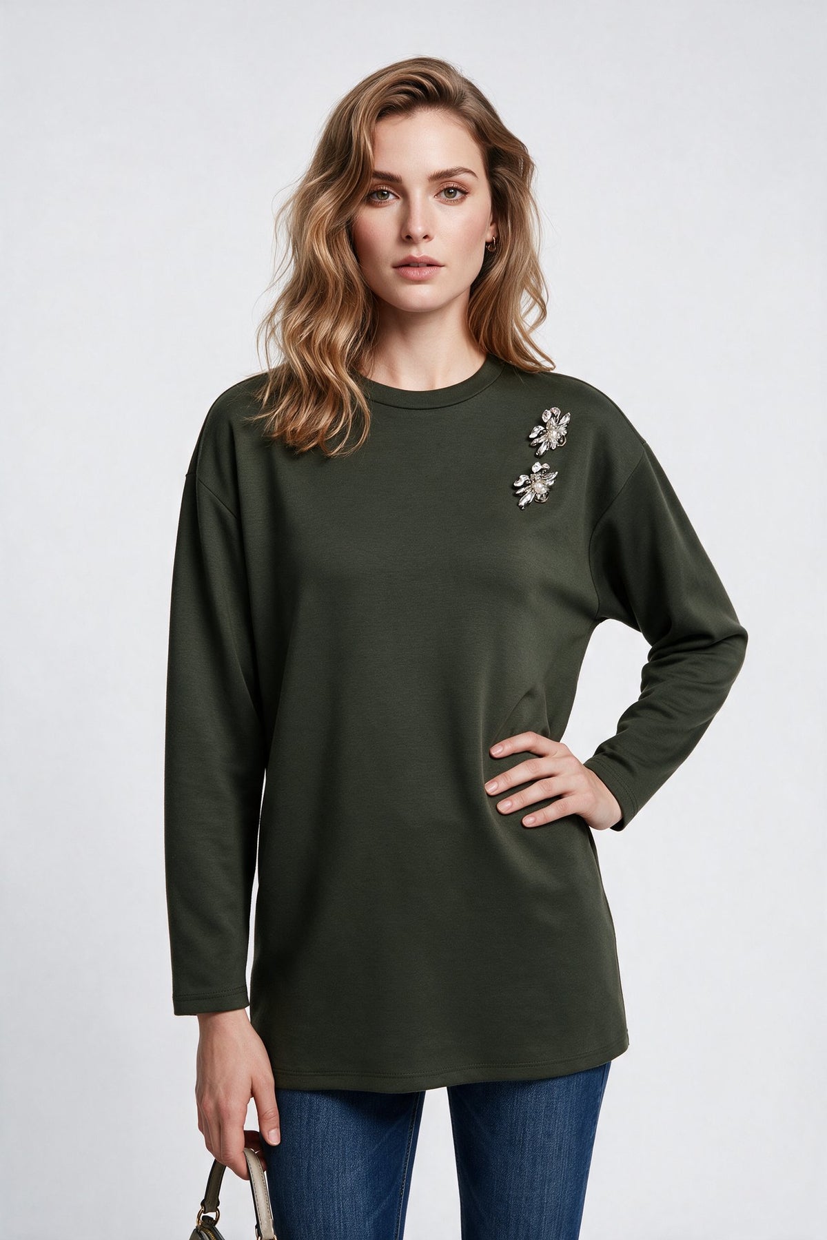Scl Kadın Bisiklet Yaka Düşük Kol Pamuklu Örme Taş Detaylı Regular Kalıp Sweatshirt 10002522311004 Main image