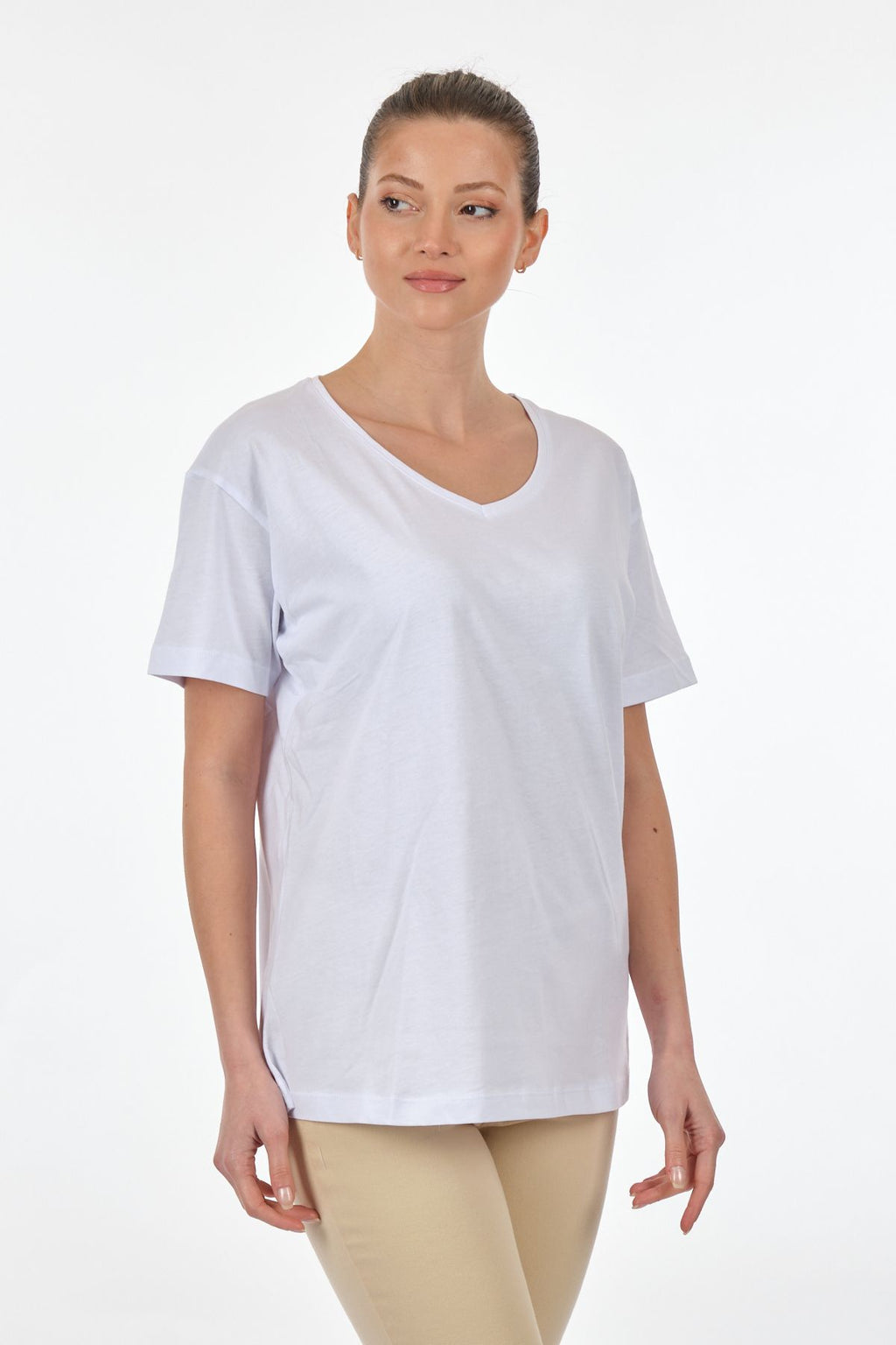 Seçil Kadın Oversize V Yaka Kısa Kol Minimalist T-Shirt - Günlük Kullanım