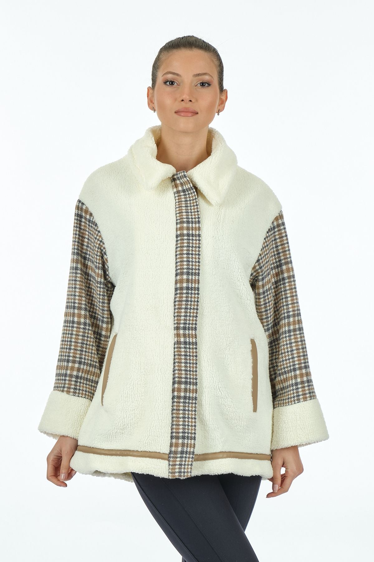 Sedna Oversize Midi Kaban - Peluş & Kareli Günlük Kaban Main image