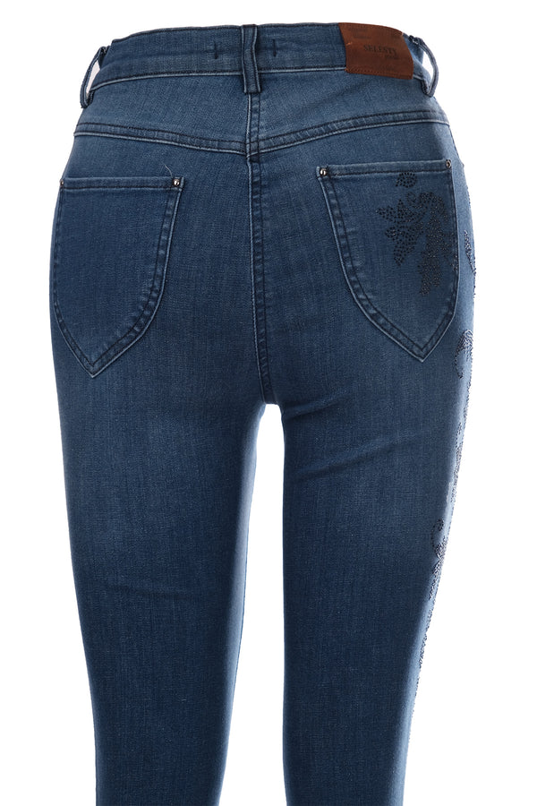 Seleste Minimalist Nakışlı Yüksek Bel Dar Paça Kadın Jean Pantolon