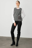 Women's Crew Neck Wool Sweater with Colorful Crocheted Pocket and Collar Design