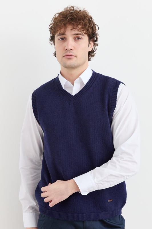 Erkek V Yaka Kalın Klasik Yün Süveter Desen