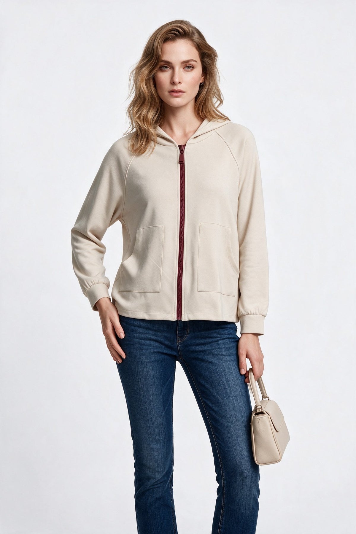 On Kadın Kapüşonlu Tam Fermuarlı Reglan Kol Cepli Sweatshirt Main image