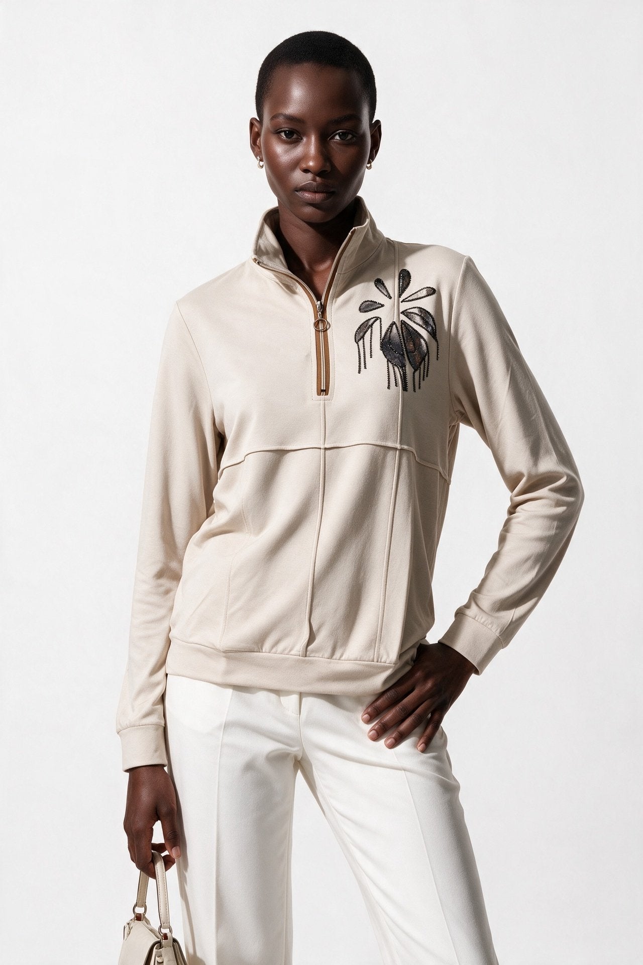 Vedi-bb Kadın Dik Yaka Yarım Fermuarlı İşlemeli Uzun Kollu Sweatshirt Secondary image