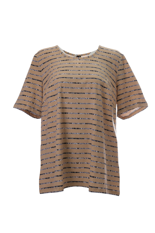 Canel Oversize Çizgili Minimalist Kadın T-Shirt - Kısa Kol Midi Günlük