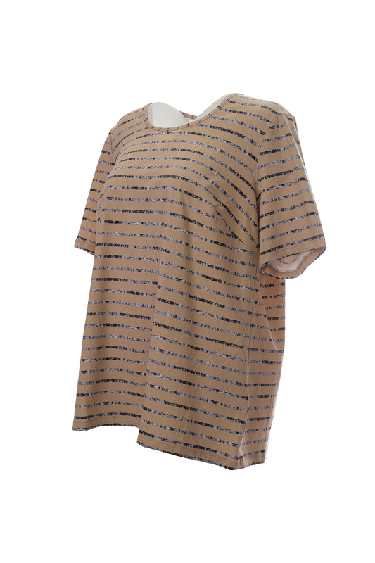 Canel Oversize Çizgili Minimalist Kadın T-Shirt - Kısa Kol Midi Günlük