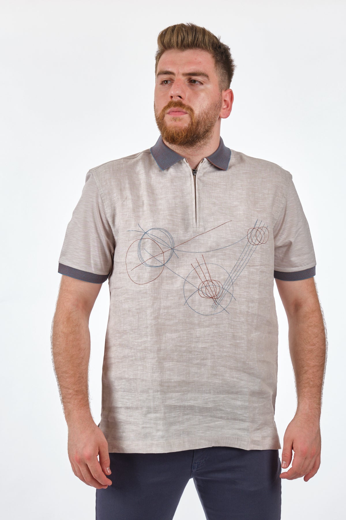 Gallus Minimalist Keten Erkek T-Shirt - Kısa Kol Yarım Fermuar Main image