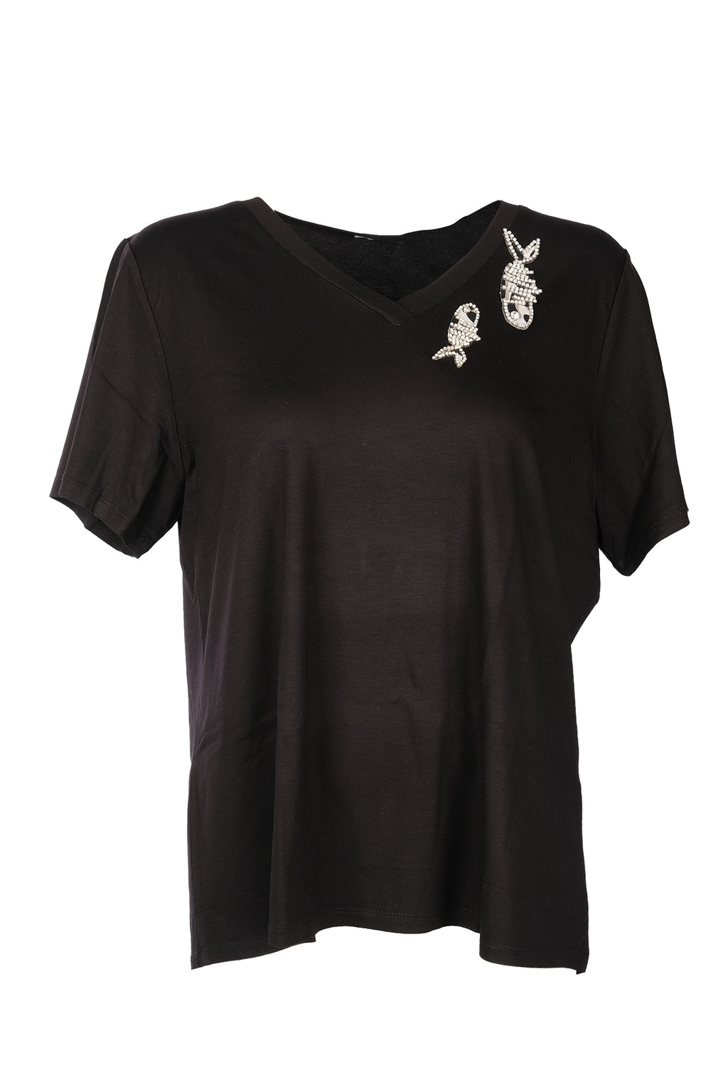Vedi-Büyük Beden V Yak Taş Detaylı Kadın T-Shirt 25YXD5098