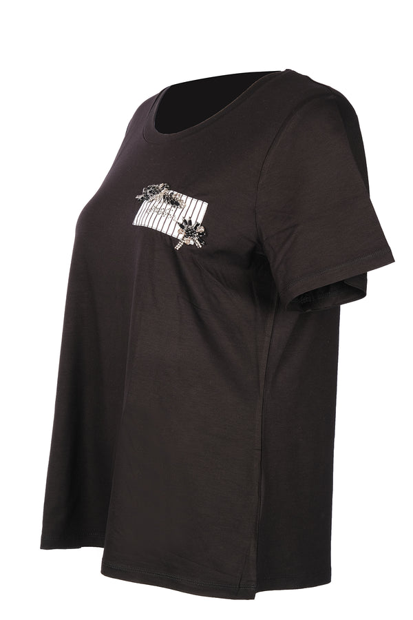 Vedi Büyük Beden Yuvarlak Yaka Taş Detaylı Kadın T-Shirt 25YXD5099