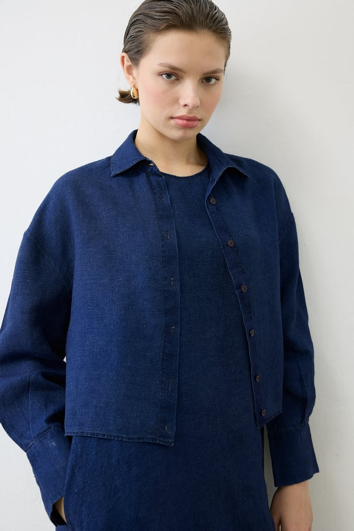 Denim Efektli Keten Kolsuz Elbise Gömlek Takım Terzi Dükkani Secondary image