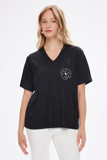 Taş Boncuk Aplikeli V Yaka Tshirt UW27TSH096