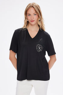 Taş Boncuk Aplikeli V Yaka Tshirt UW27TSH096