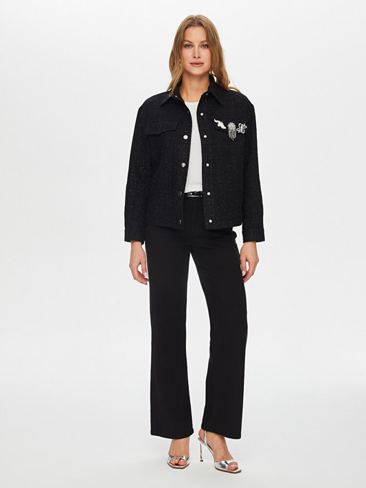 Taşlı Broş Detaylı Kendinden Simli Track Ceket Faik Sönmez