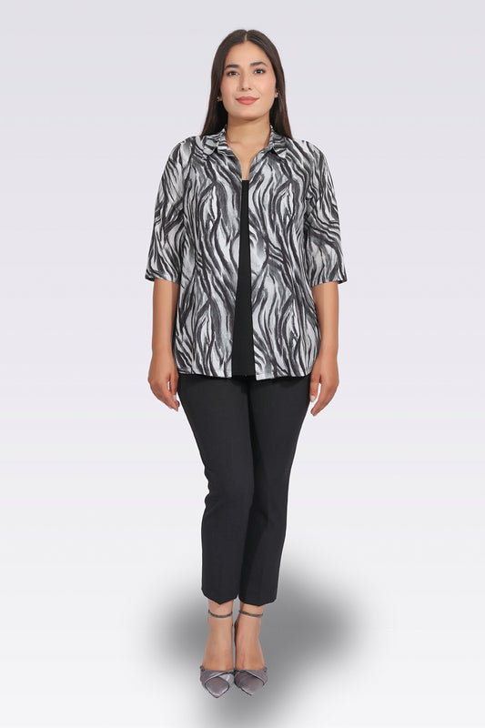 Tolga Saraçoğlu Kadın Bluz - Minimalist Zebra Desenli 3/4 Kol Oversize