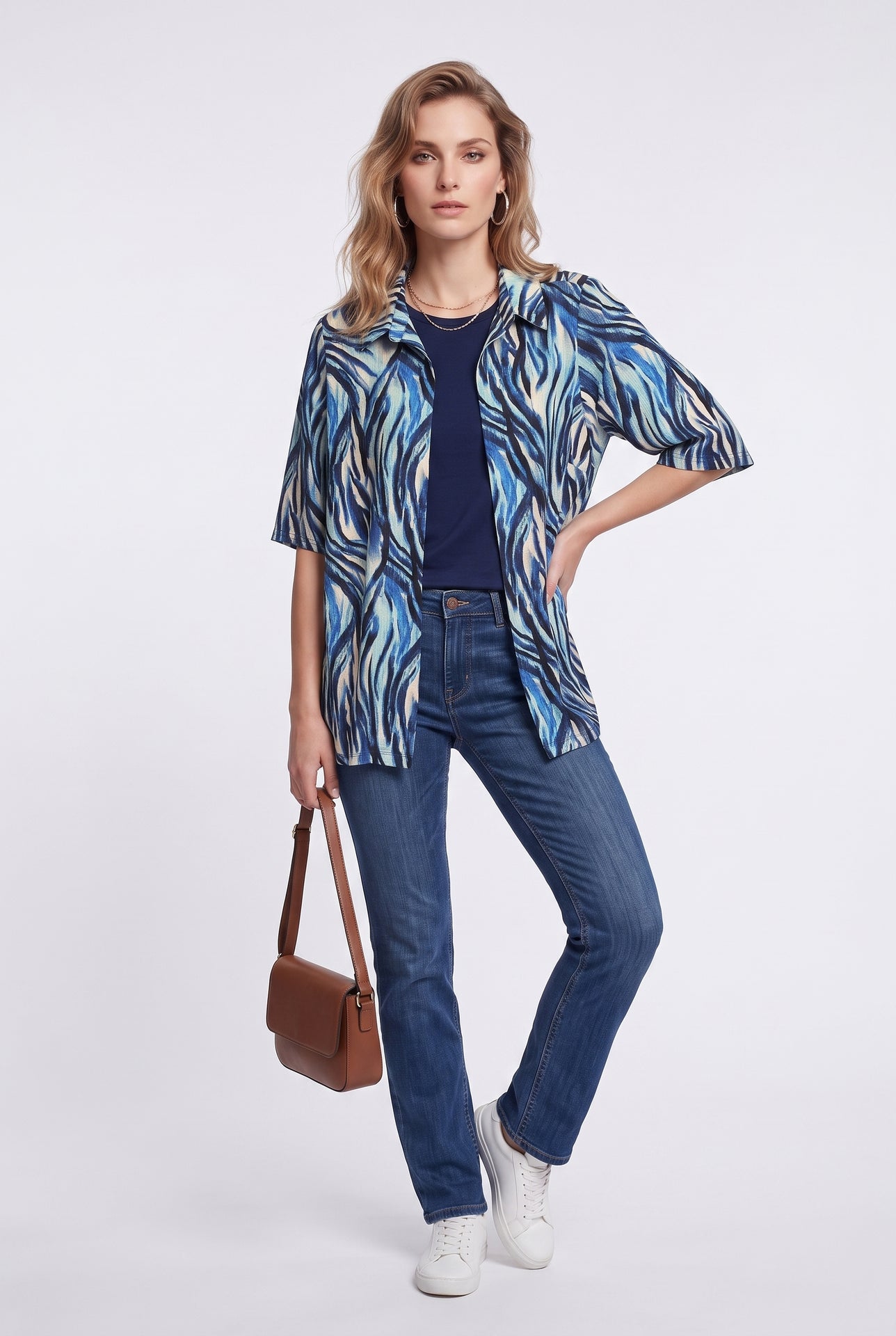 Tolga Saraçoğlu Kadın Bluz - Minimalist Zebra Desenli 3/4 Kol Oversize