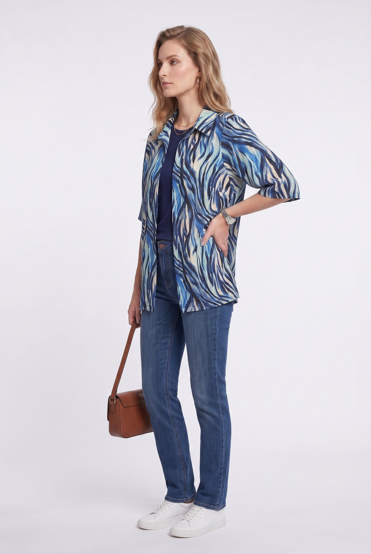 Tolga Saraçoğlu Kadın Bluz - Minimalist Zebra Desenli 3/4 Kol Oversize
