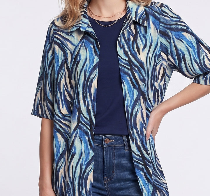 Tolga Saraçoğlu Kadın Bluz - Minimalist Zebra Desenli 3/4 Kol Oversize