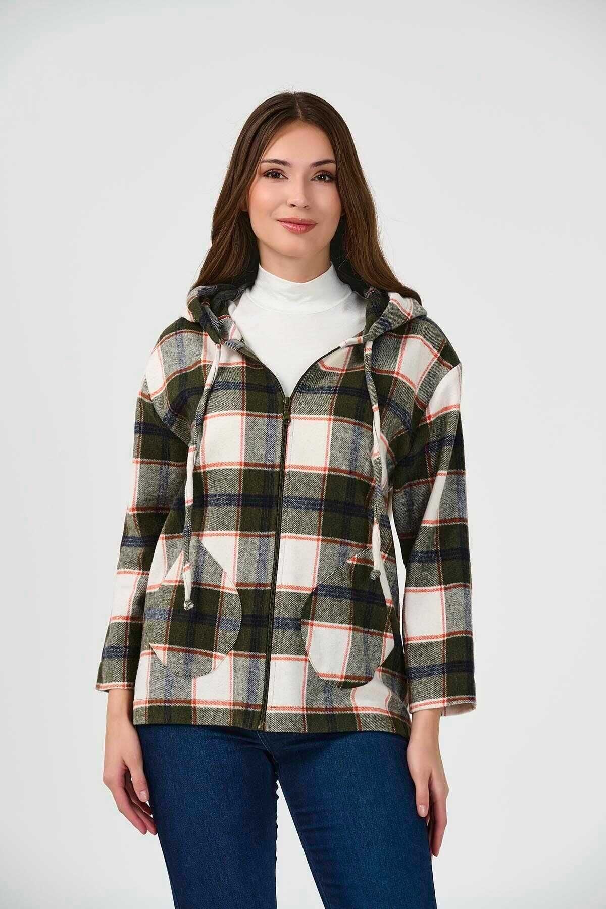 Tolga Saraçoğlu Oversize Kapüşonlu Kareli Kadın Ceket - 3/4 Kol Main image