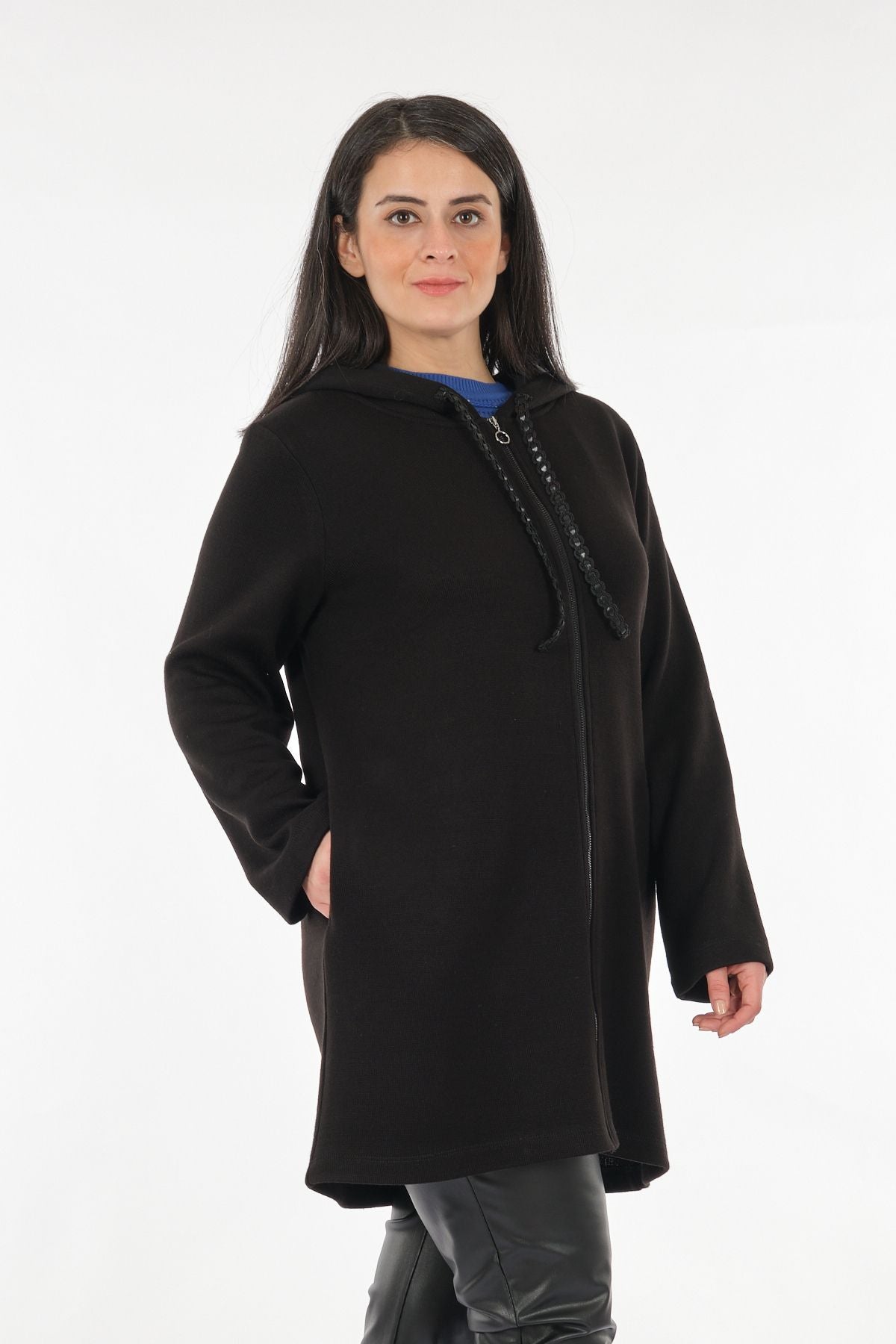 Tolga Saraçoğlu Oversize Kapüşonlu Midi Kadın Ceket - Günlük & Rahat Secondary image