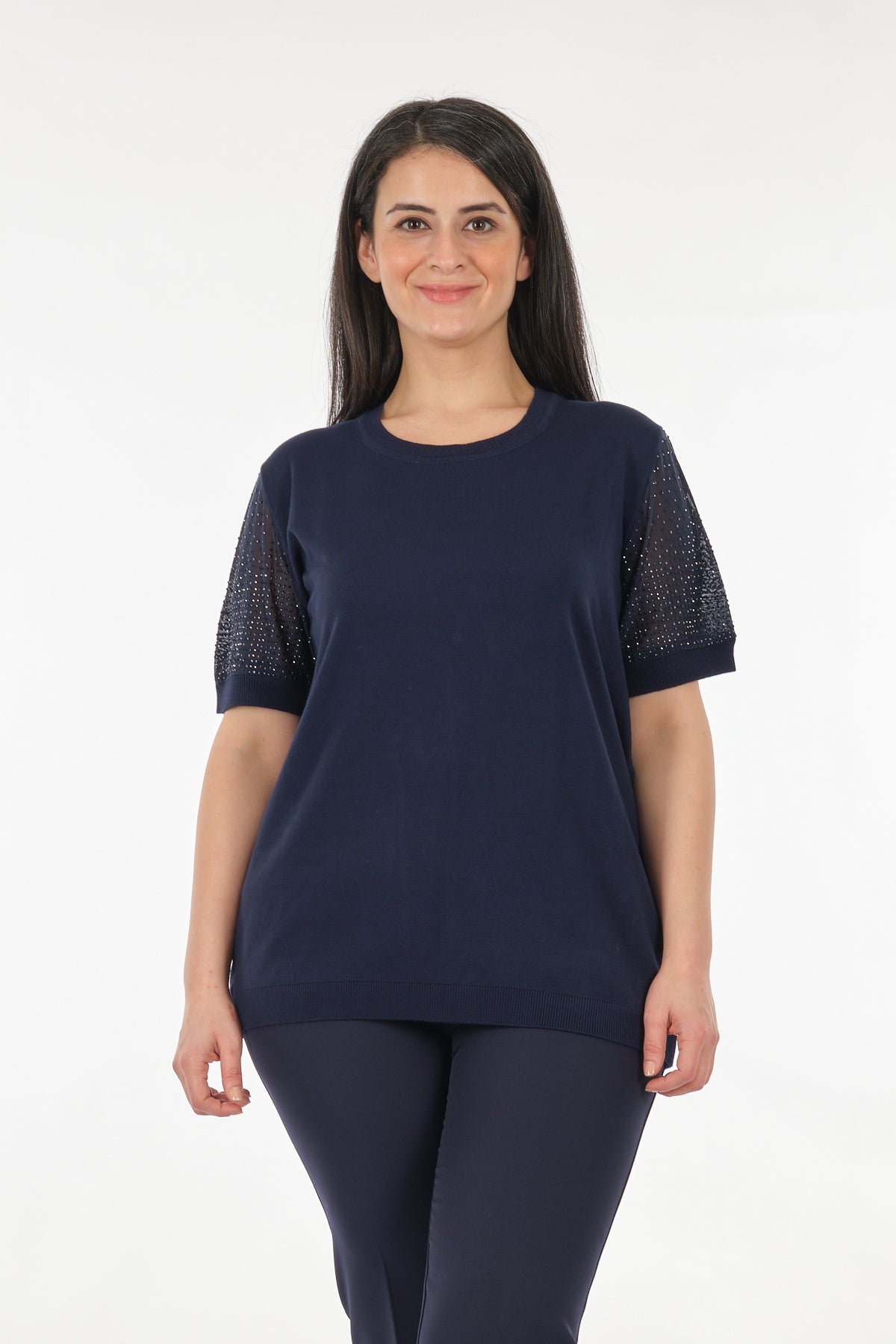 Vedi-bb Oversize Kısa Kol Taş Detaylı Minimalist Kadın Triko Main image