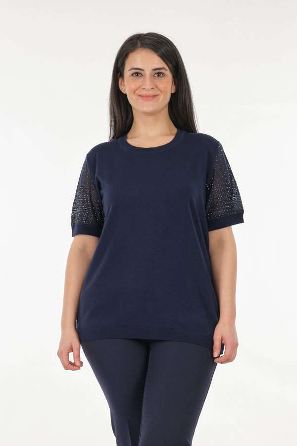 Vedi-bb Oversize Kısa Kol Taş Detaylı Minimalist Kadın Triko